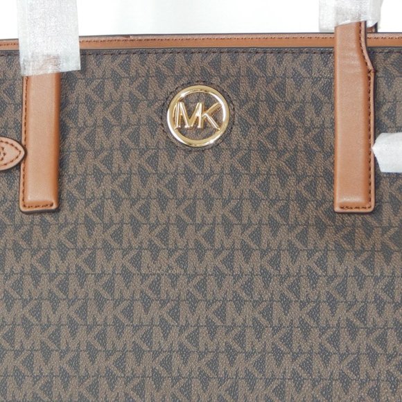 NWT $498 MICHAEL KORS CARMEN MK Monogram LARGE TZ BROWN Tote Shoulder BAG - Picture 3 of 10